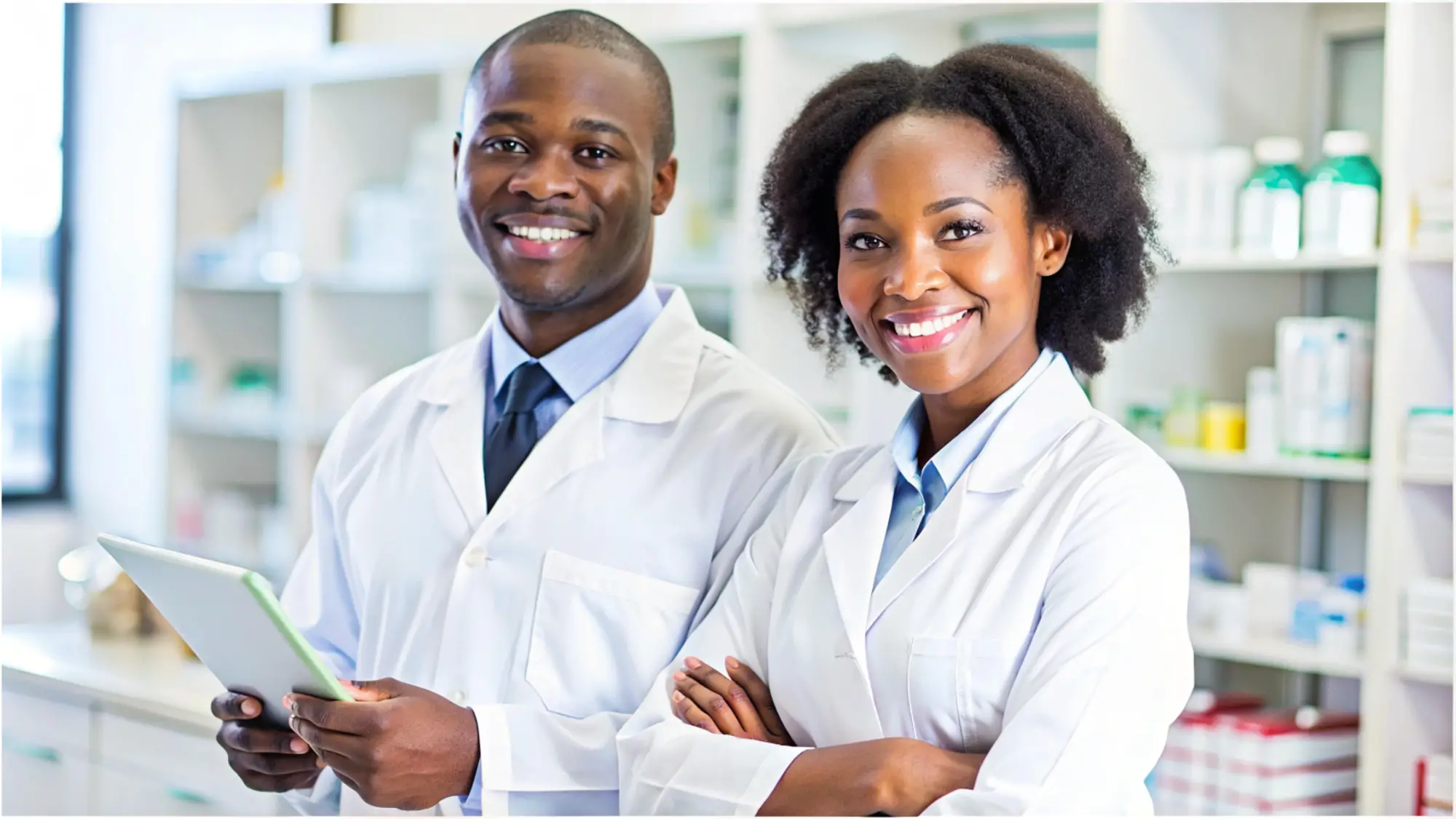 Équipe Synergy Pharma - Professionnels du secteur pharmaceutique souriant à la caméra